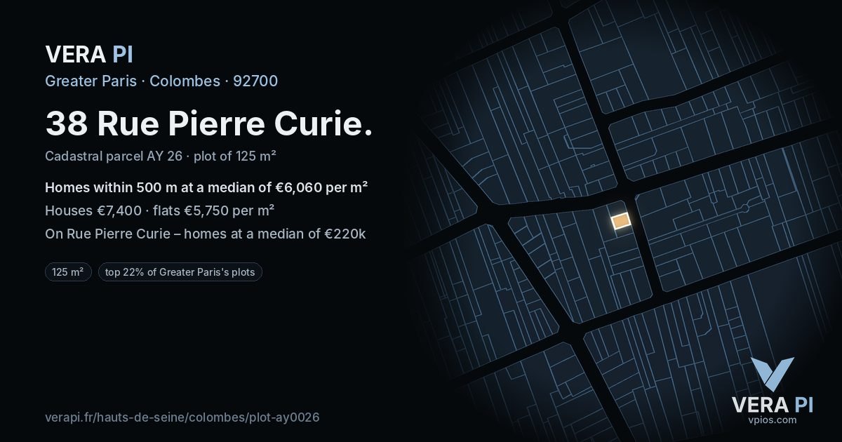 38 Rue Pierre Curie, Colombes at night – the plot lit, the parcels around coloured by the prices near them