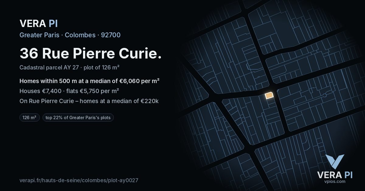 36 Rue Pierre Curie, Colombes at night – the plot lit, the parcels around coloured by the prices near them