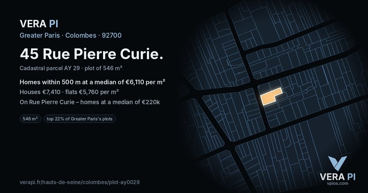 45 Rue Pierre Curie, Colombes at night – the plot lit, the parcels around coloured by the prices near them
