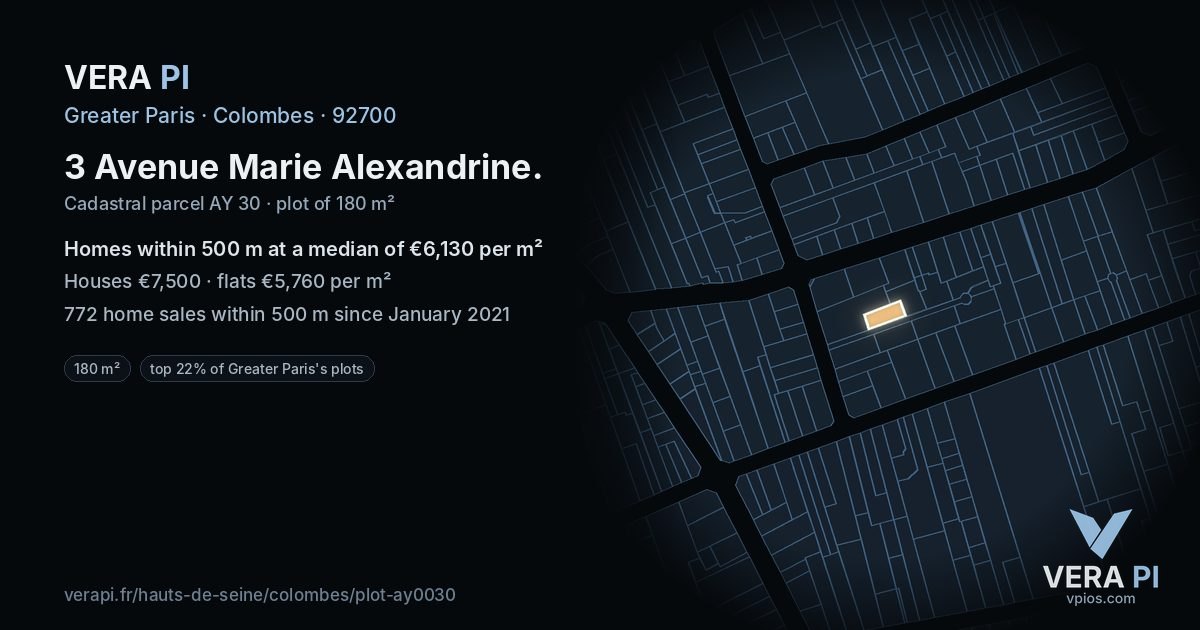 3 Avenue Marie Alexandrine, Colombes at night – the plot lit, the parcels around coloured by the prices near them