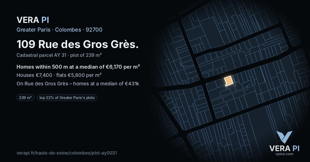 109 Rue des Gros Grès, Colombes at night – the plot lit, the parcels around coloured by the prices near them