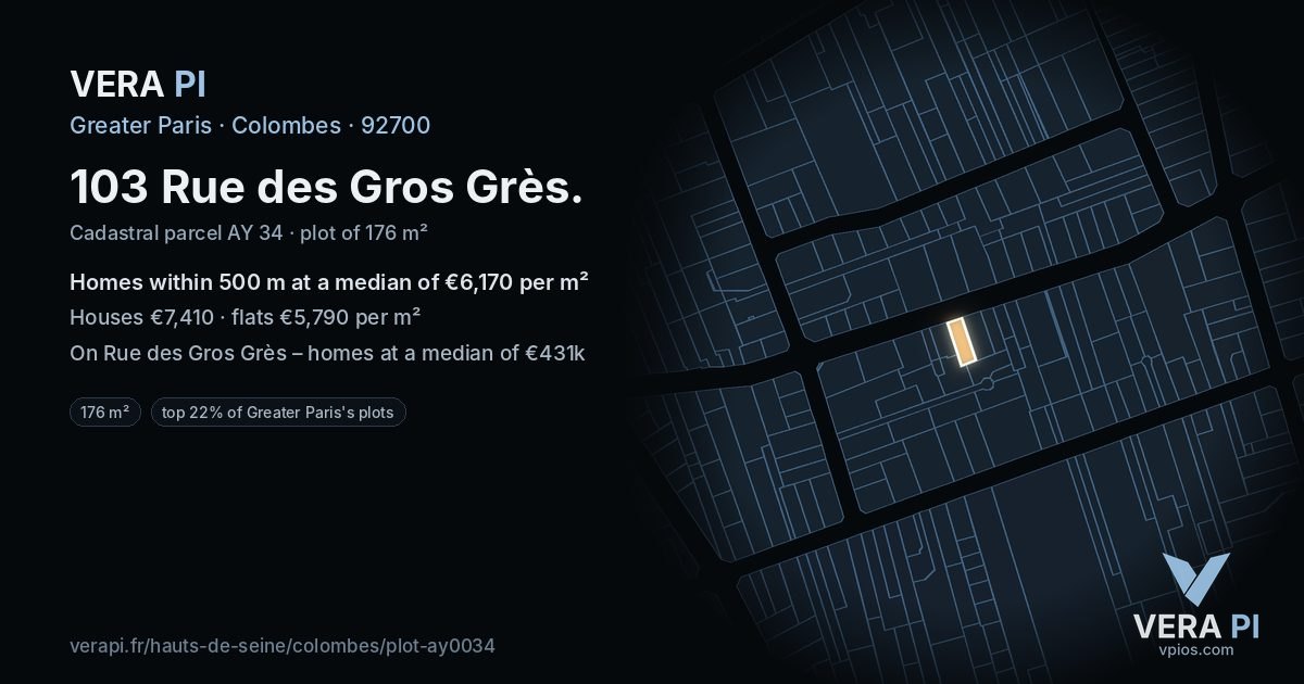 103 Rue des Gros Grès, Colombes at night – the plot lit, the parcels around coloured by the prices near them