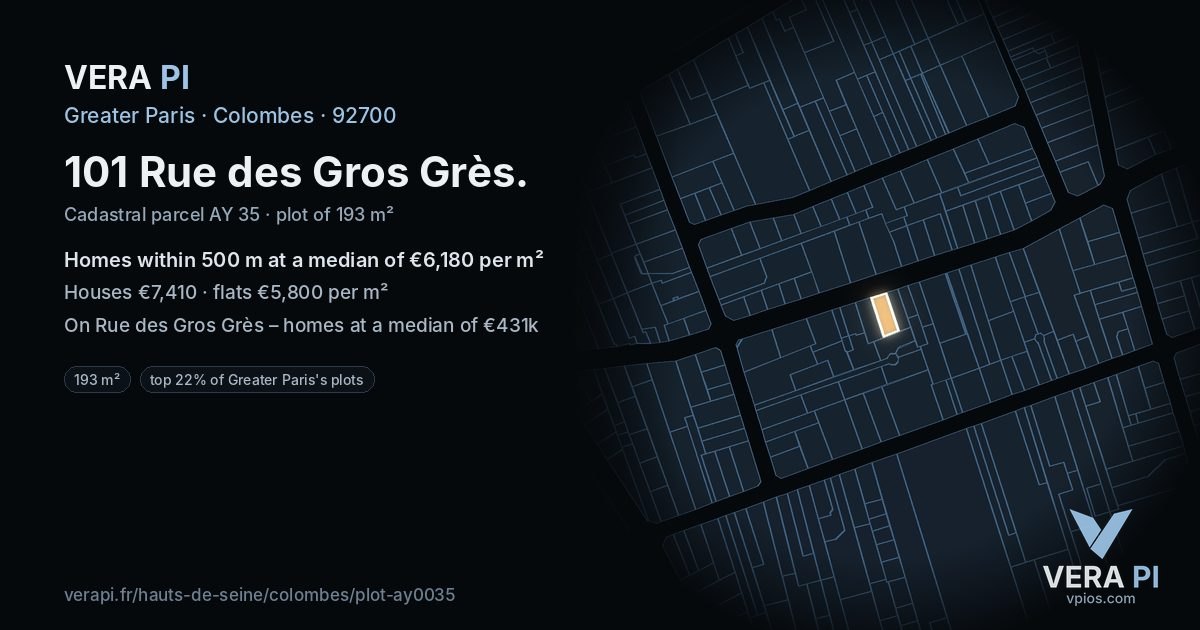 101 Rue des Gros Grès, Colombes at night – the plot lit, the parcels around coloured by the prices near them