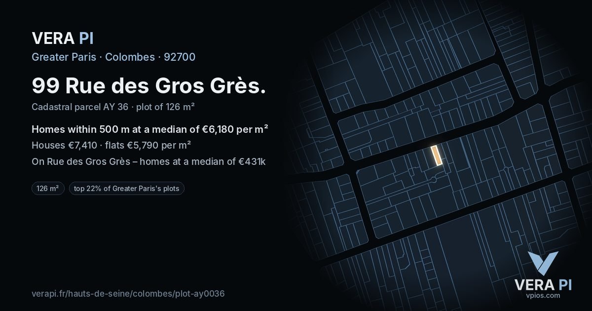 99 Rue des Gros Grès, Colombes at night – the plot lit, the parcels around coloured by the prices near them