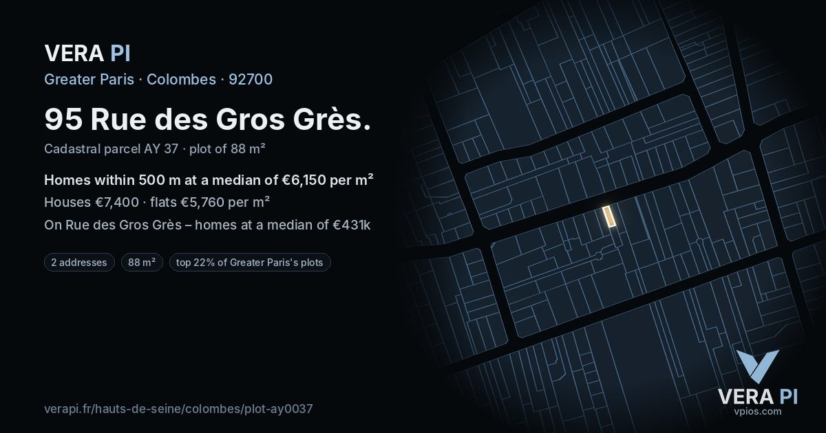 95 Rue des Gros Grès, Colombes at night – the plot lit, the parcels around coloured by the prices near them