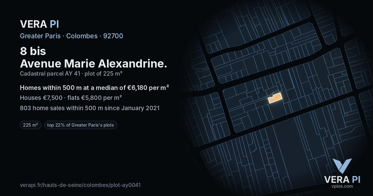 8 bis Avenue Marie Alexandrine, Colombes at night – the plot lit, the parcels around coloured by the prices near them