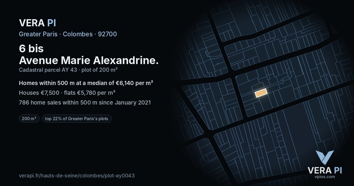 6 bis Avenue Marie Alexandrine, Colombes at night – the plot lit, the parcels around coloured by the prices near them