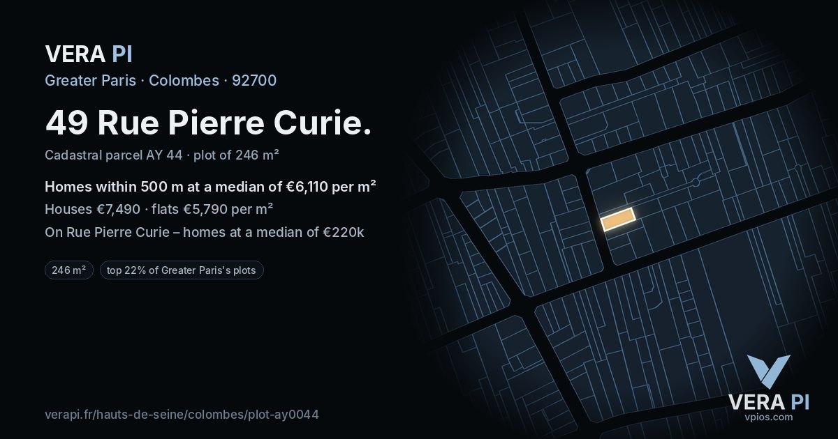49 Rue Pierre Curie, Colombes at night – the plot lit, the parcels around coloured by the prices near them