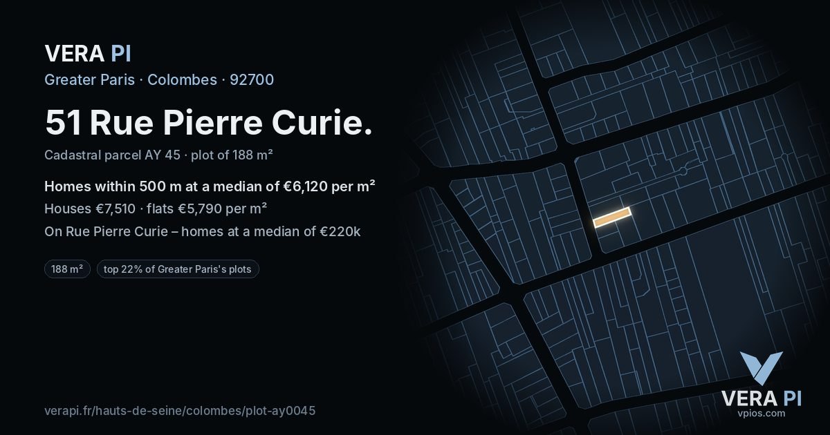 51 Rue Pierre Curie, Colombes at night – the plot lit, the parcels around coloured by the prices near them