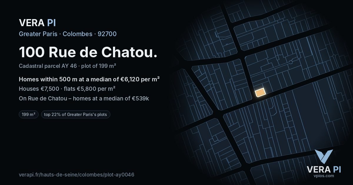 100 Rue de Chatou, Colombes at night – the plot lit, the parcels around coloured by the prices near them