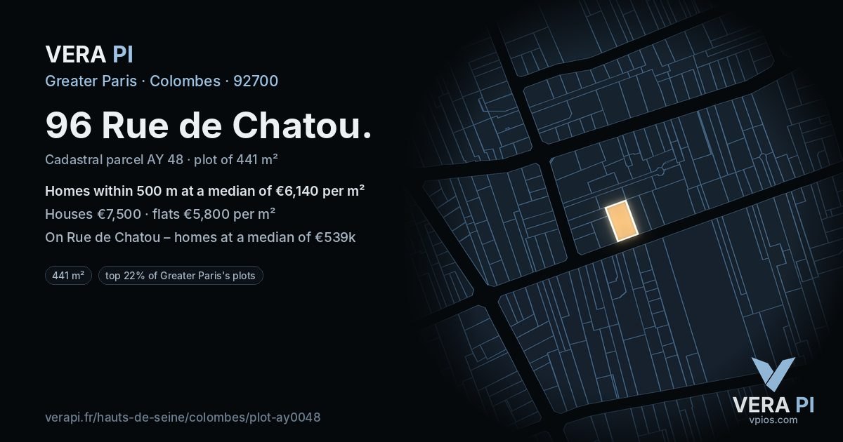 96 Rue de Chatou, Colombes at night – the plot lit, the parcels around coloured by the prices near them