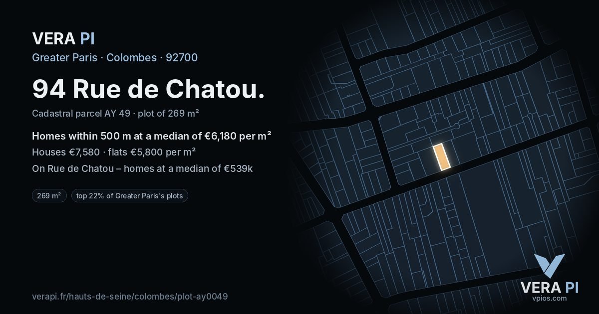 94 Rue de Chatou, Colombes at night – the plot lit, the parcels around coloured by the prices near them
