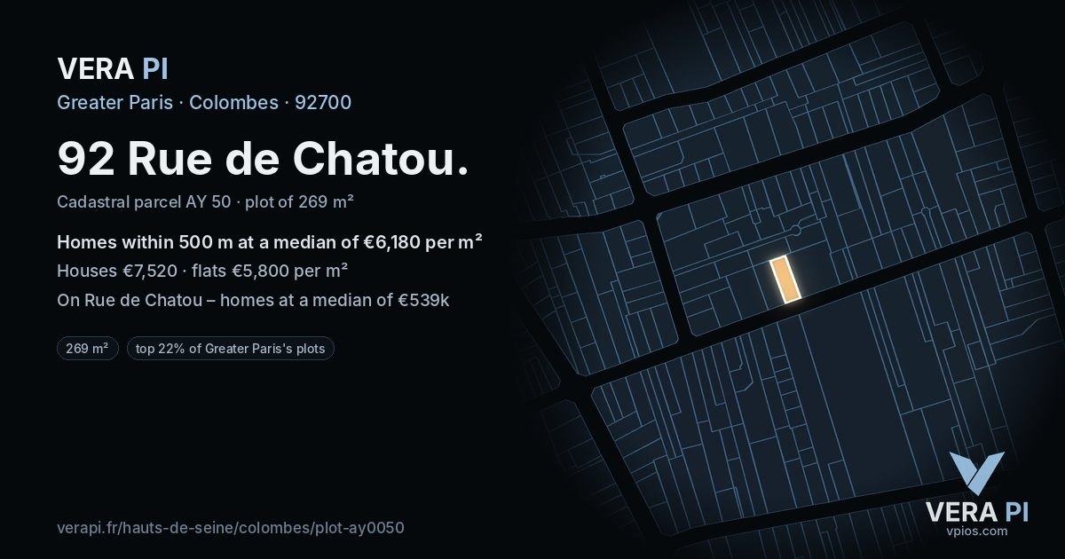 92 Rue de Chatou, Colombes at night – the plot lit, the parcels around coloured by the prices near them