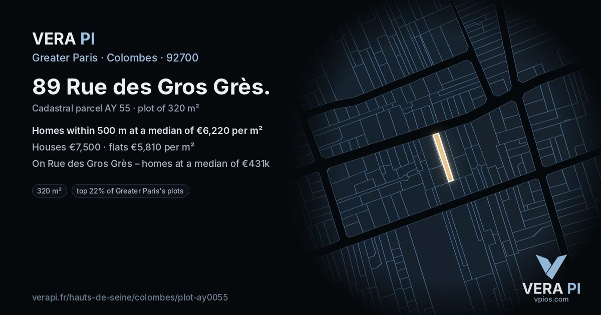 89 Rue des Gros Grès, Colombes at night – the plot lit, the parcels around coloured by the prices near them