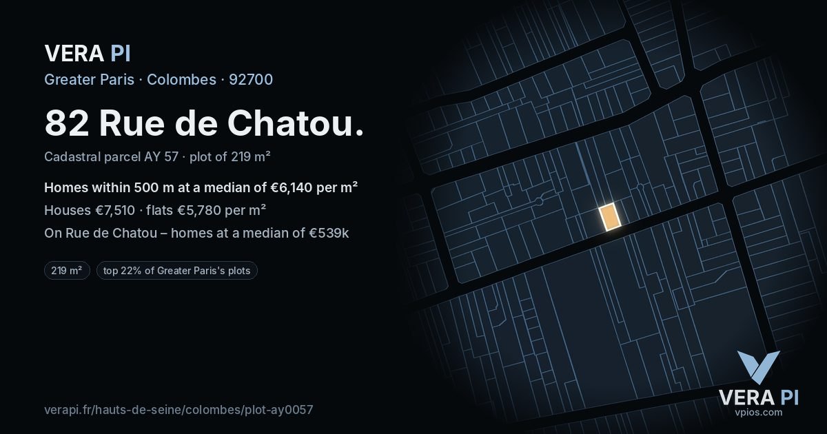82 Rue de Chatou, Colombes at night – the plot lit, the parcels around coloured by the prices near them