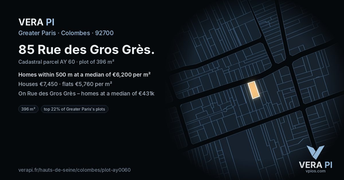 85 Rue des Gros Grès, Colombes at night – the plot lit, the parcels around coloured by the prices near them