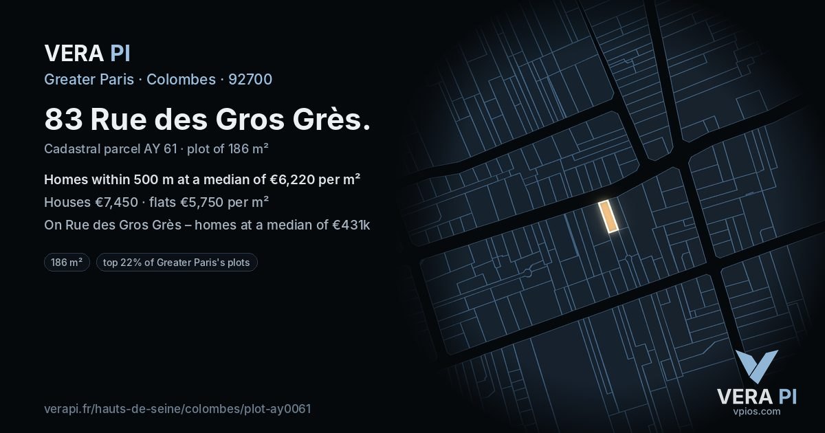83 Rue des Gros Grès, Colombes at night – the plot lit, the parcels around coloured by the prices near them