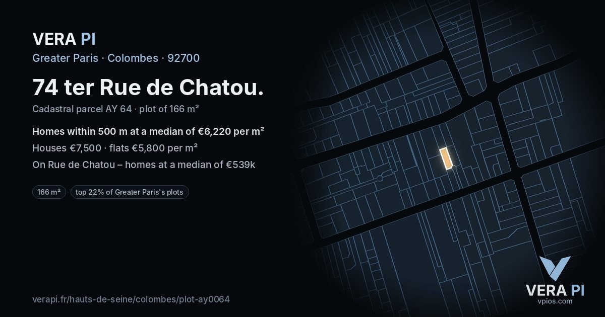 74 ter Rue de Chatou, Colombes at night – the plot lit, the parcels around coloured by the prices near them
