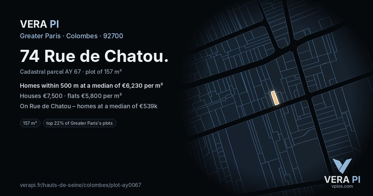 74 Rue de Chatou, Colombes at night – the plot lit, the parcels around coloured by the prices near them