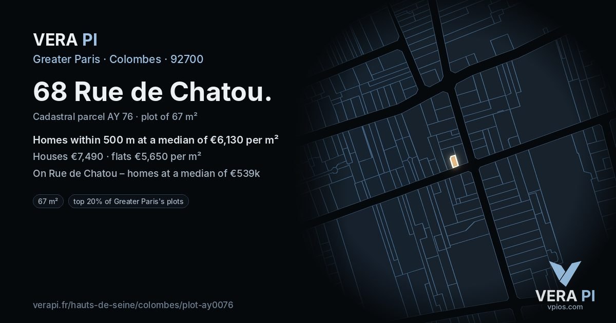 68 Rue de Chatou, Colombes at night – the plot lit, the parcels around coloured by the prices near them