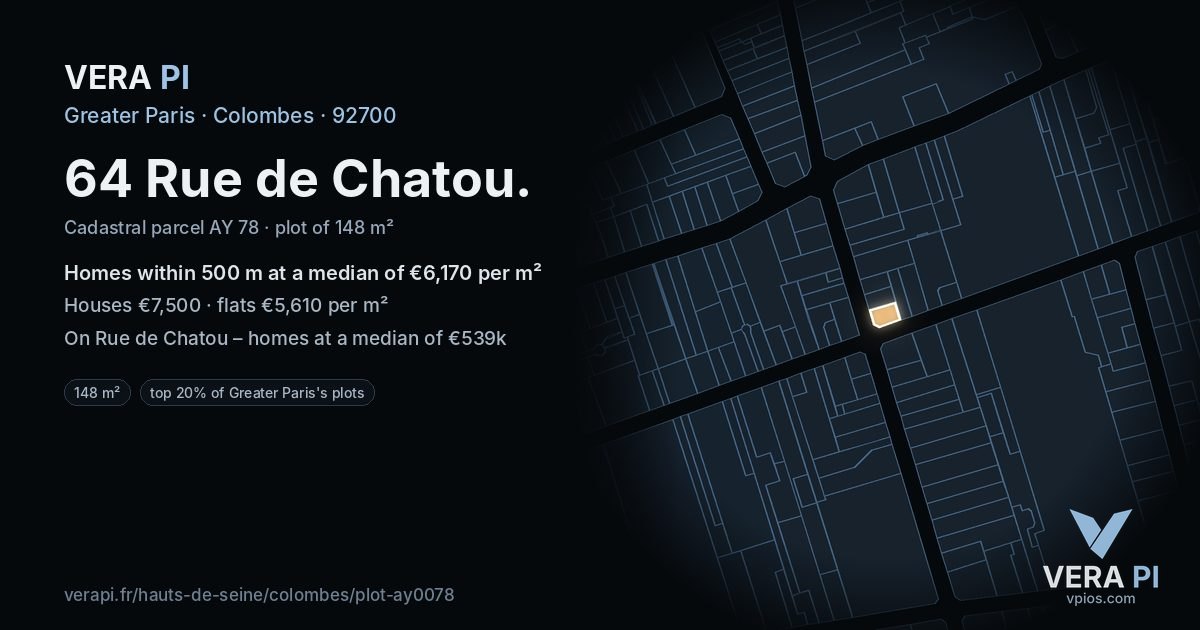 64 Rue de Chatou, Colombes at night – the plot lit, the parcels around coloured by the prices near them