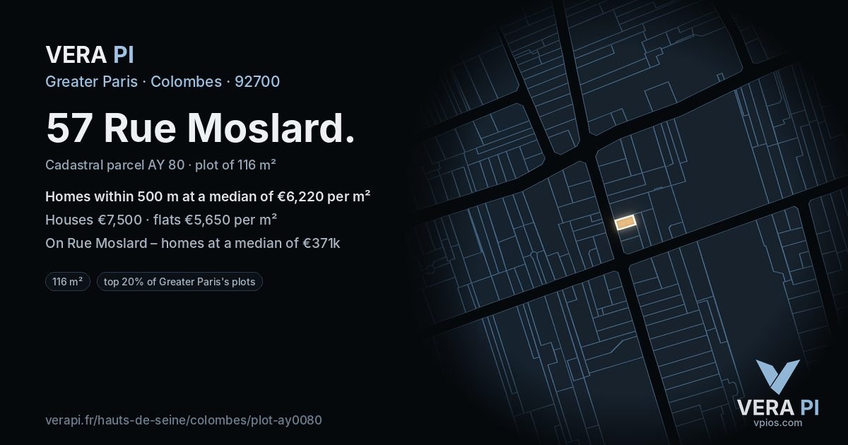 57 Rue Moslard, Colombes at night – the plot lit, the parcels around coloured by the prices near them