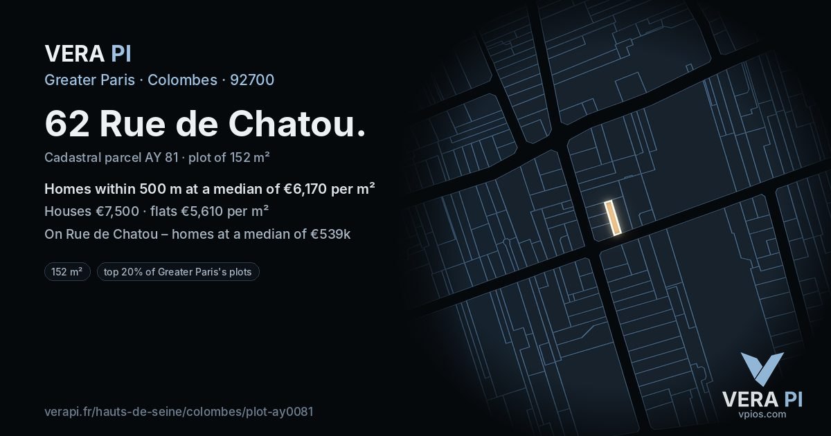 62 Rue de Chatou, Colombes at night – the plot lit, the parcels around coloured by the prices near them