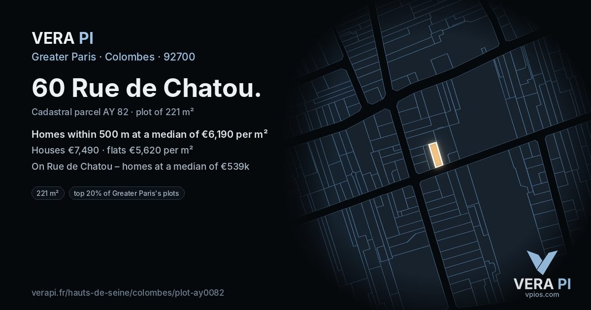 60 Rue de Chatou, Colombes at night – the plot lit, the parcels around coloured by the prices near them