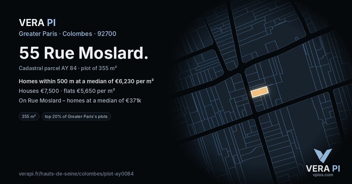 55 Rue Moslard, Colombes at night – the plot lit, the parcels around coloured by the prices near them