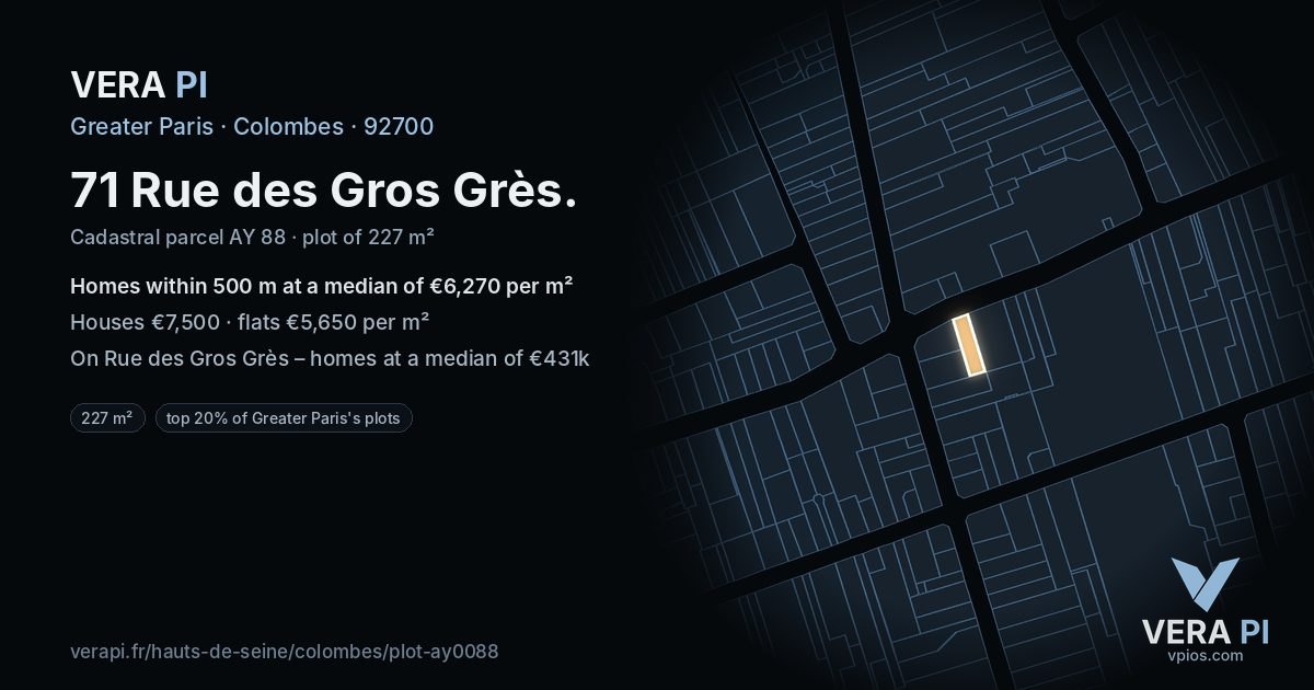 71 Rue des Gros Grès, Colombes at night – the plot lit, the parcels around coloured by the prices near them