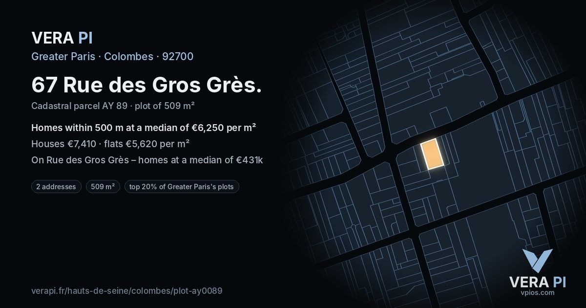 67 Rue des Gros Grès, Colombes at night – the plot lit, the parcels around coloured by the prices near them