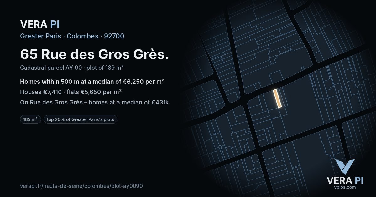 65 Rue des Gros Grès, Colombes at night – the plot lit, the parcels around coloured by the prices near them