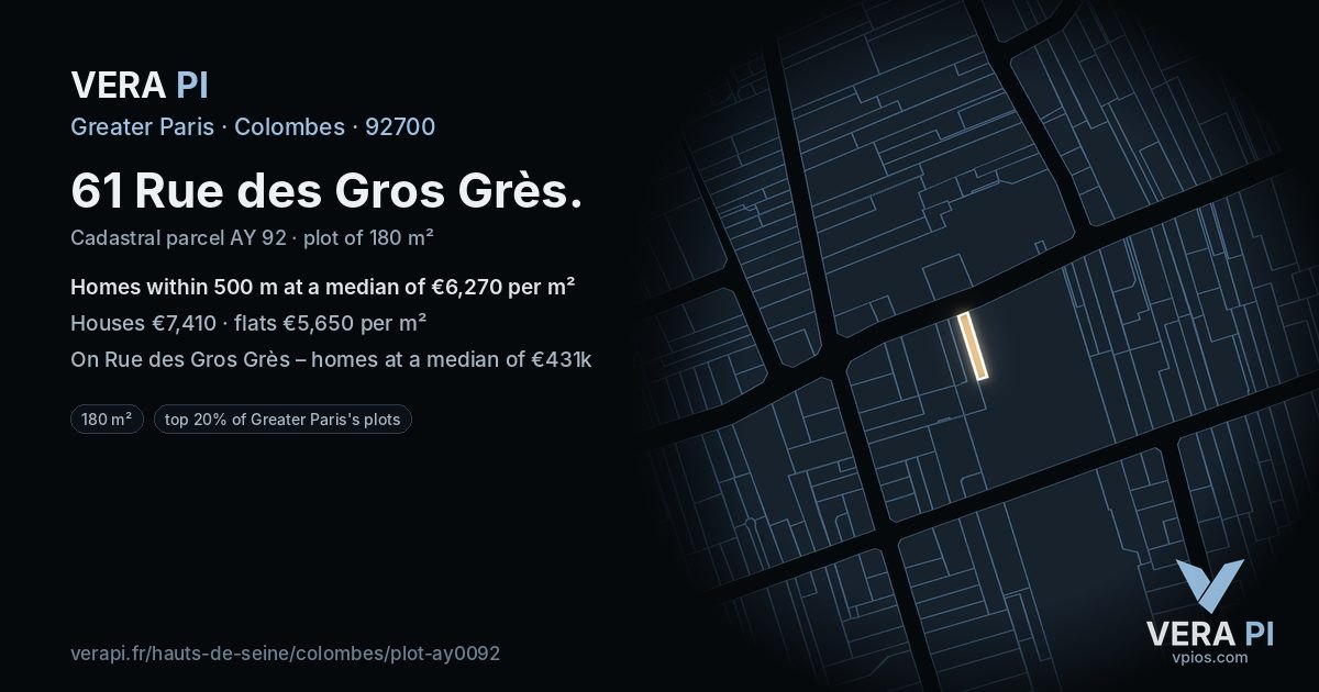 61 Rue des Gros Grès, Colombes at night – the plot lit, the parcels around coloured by the prices near them