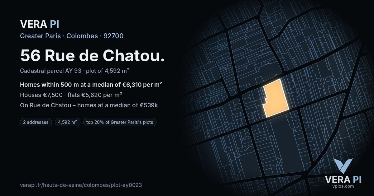 56 Rue de Chatou, Colombes at night – the plot lit, the parcels around coloured by the prices near them