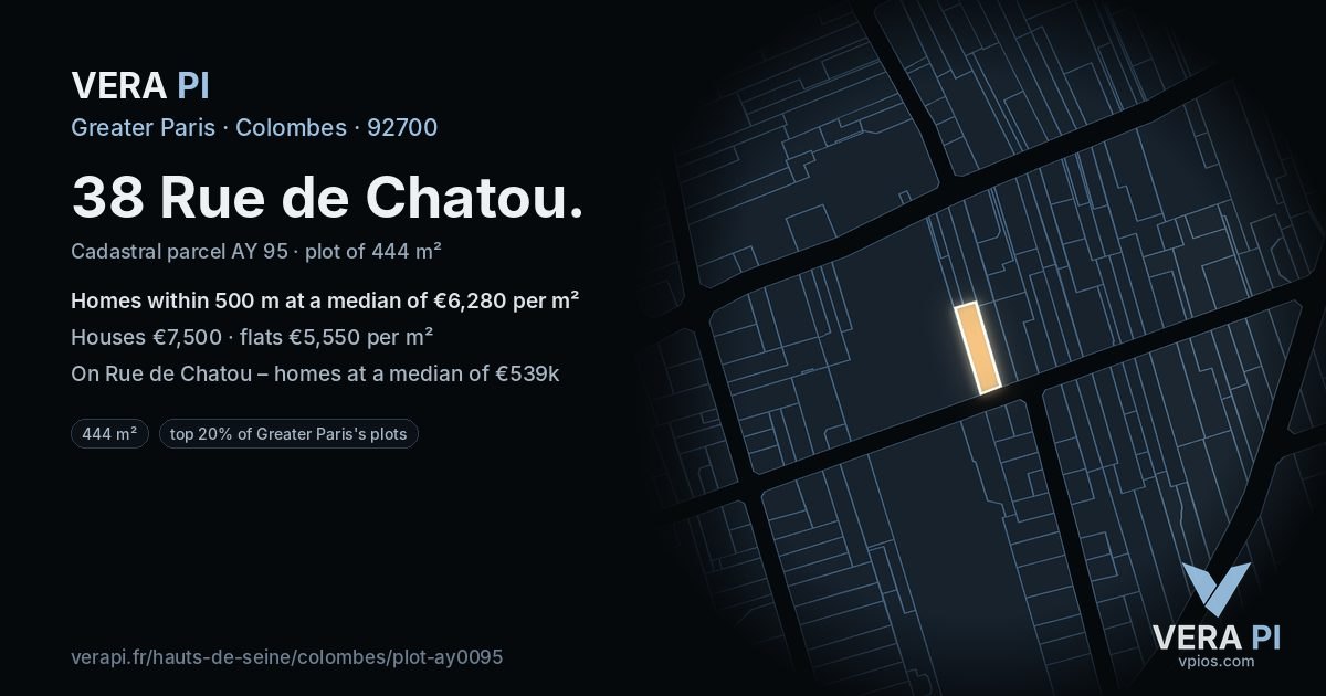 38 Rue de Chatou, Colombes at night – the plot lit, the parcels around coloured by the prices near them