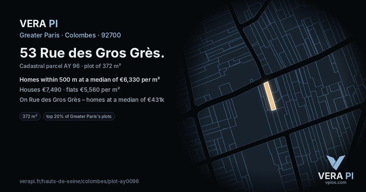 53 Rue des Gros Grès, Colombes at night – the plot lit, the parcels around coloured by the prices near them