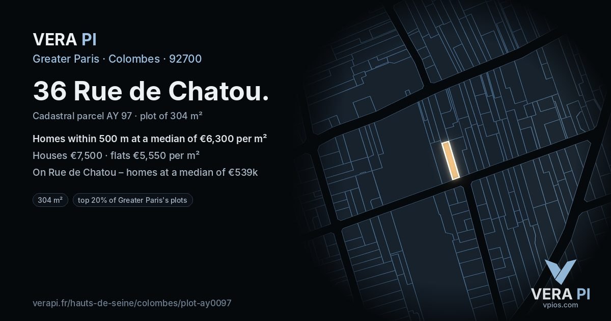 36 Rue de Chatou, Colombes at night – the plot lit, the parcels around coloured by the prices near them