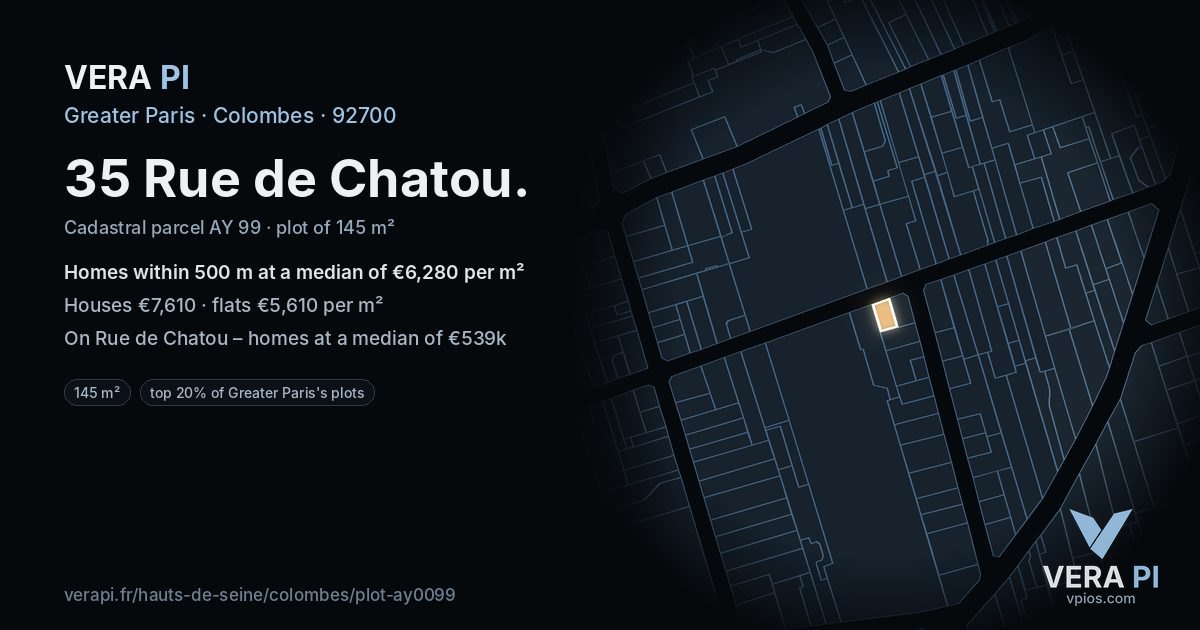 35 Rue de Chatou, Colombes at night – the plot lit, the parcels around coloured by the prices near them