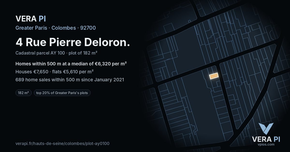 4 Rue Pierre Deloron, Colombes at night – the plot lit, the parcels around coloured by the prices near them