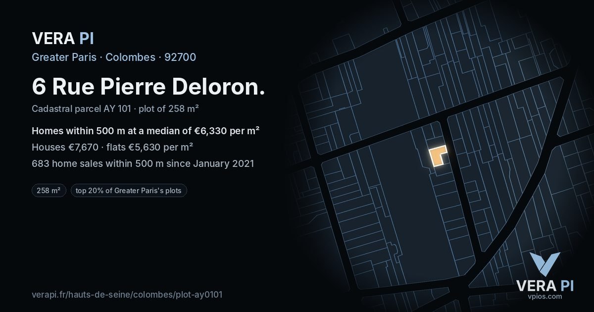 6 Rue Pierre Deloron, Colombes at night – the plot lit, the parcels around coloured by the prices near them