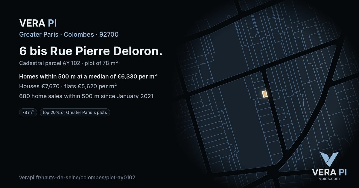 6 bis Rue Pierre Deloron, Colombes at night – the plot lit, the parcels around coloured by the prices near them