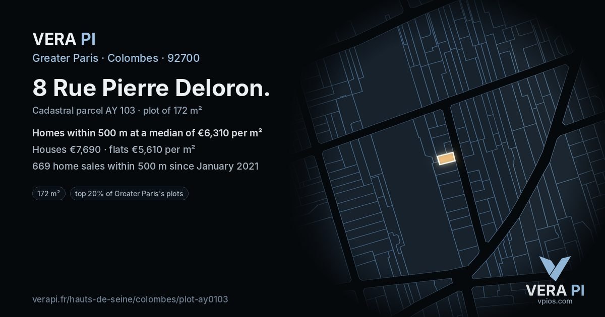 8 Rue Pierre Deloron, Colombes at night – the plot lit, the parcels around coloured by the prices near them