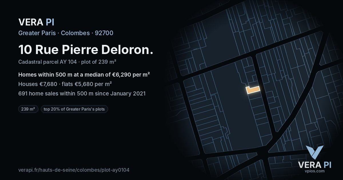 10 Rue Pierre Deloron, Colombes at night – the plot lit, the parcels around coloured by the prices near them