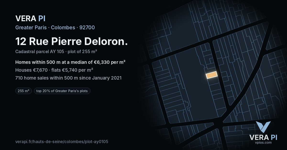 12 Rue Pierre Deloron, Colombes at night – the plot lit, the parcels around coloured by the prices near them