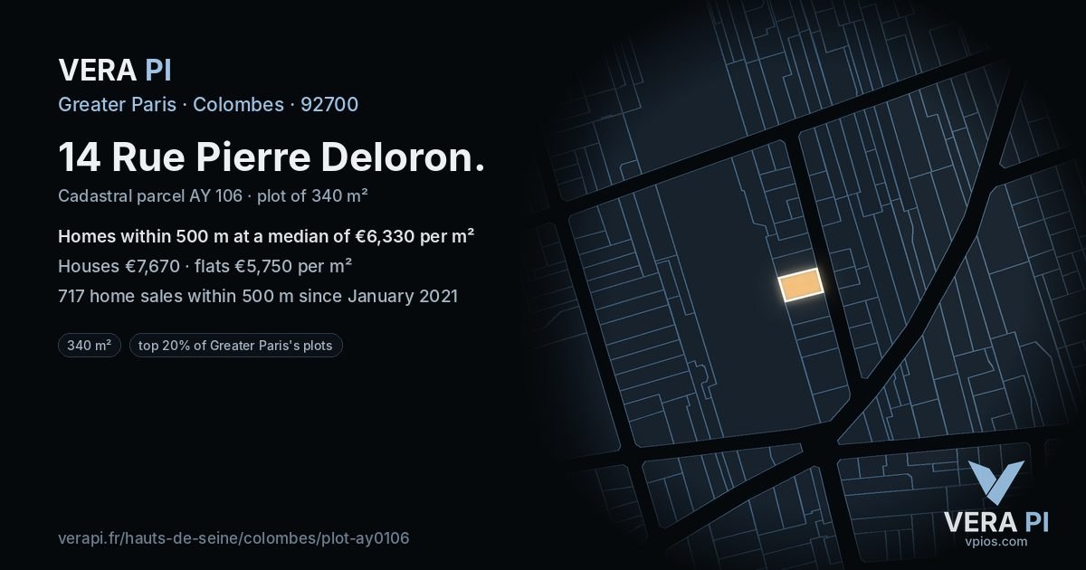 14 Rue Pierre Deloron, Colombes at night – the plot lit, the parcels around coloured by the prices near them