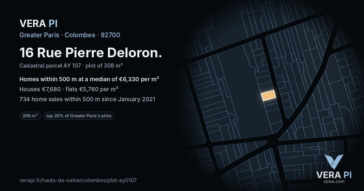 16 Rue Pierre Deloron, Colombes at night – the plot lit, the parcels around coloured by the prices near them
