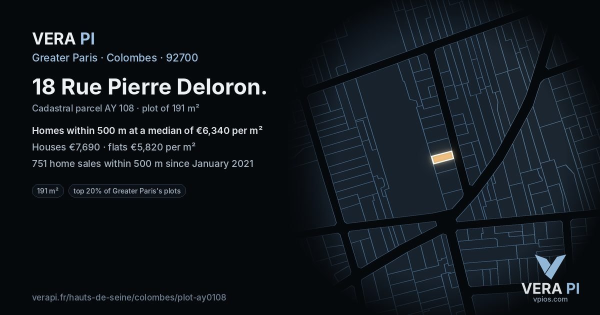 18 Rue Pierre Deloron, Colombes at night – the plot lit, the parcels around coloured by the prices near them