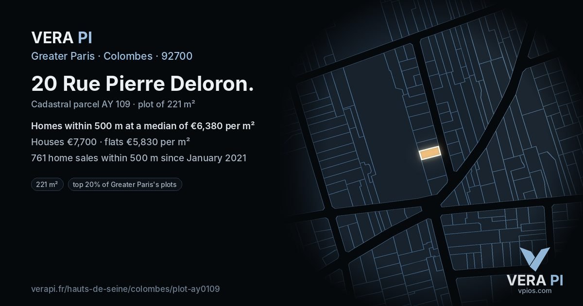 20 Rue Pierre Deloron, Colombes at night – the plot lit, the parcels around coloured by the prices near them