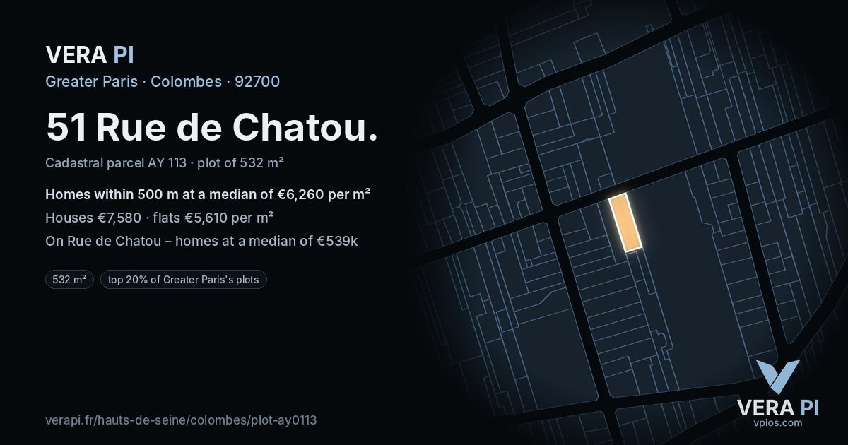 51 Rue de Chatou, Colombes at night – the plot lit, the parcels around coloured by the prices near them