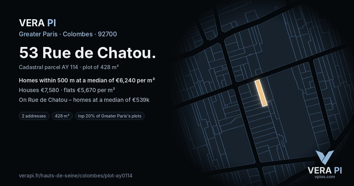 53 Rue de Chatou, Colombes at night – the plot lit, the parcels around coloured by the prices near them